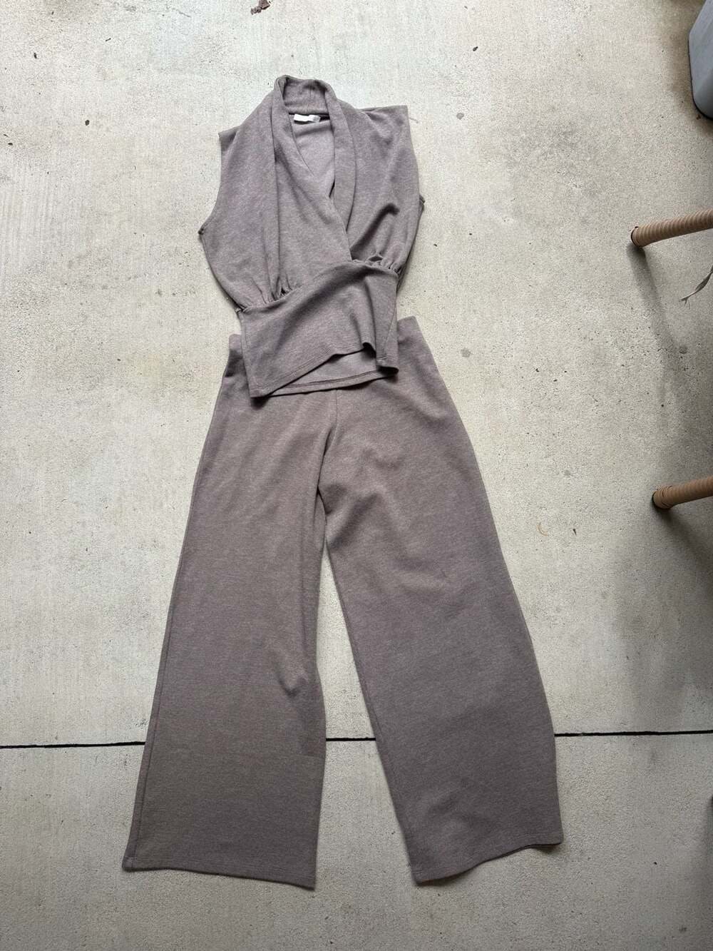 Zara Taupe Wide-Leg Knit Jumpsuit
